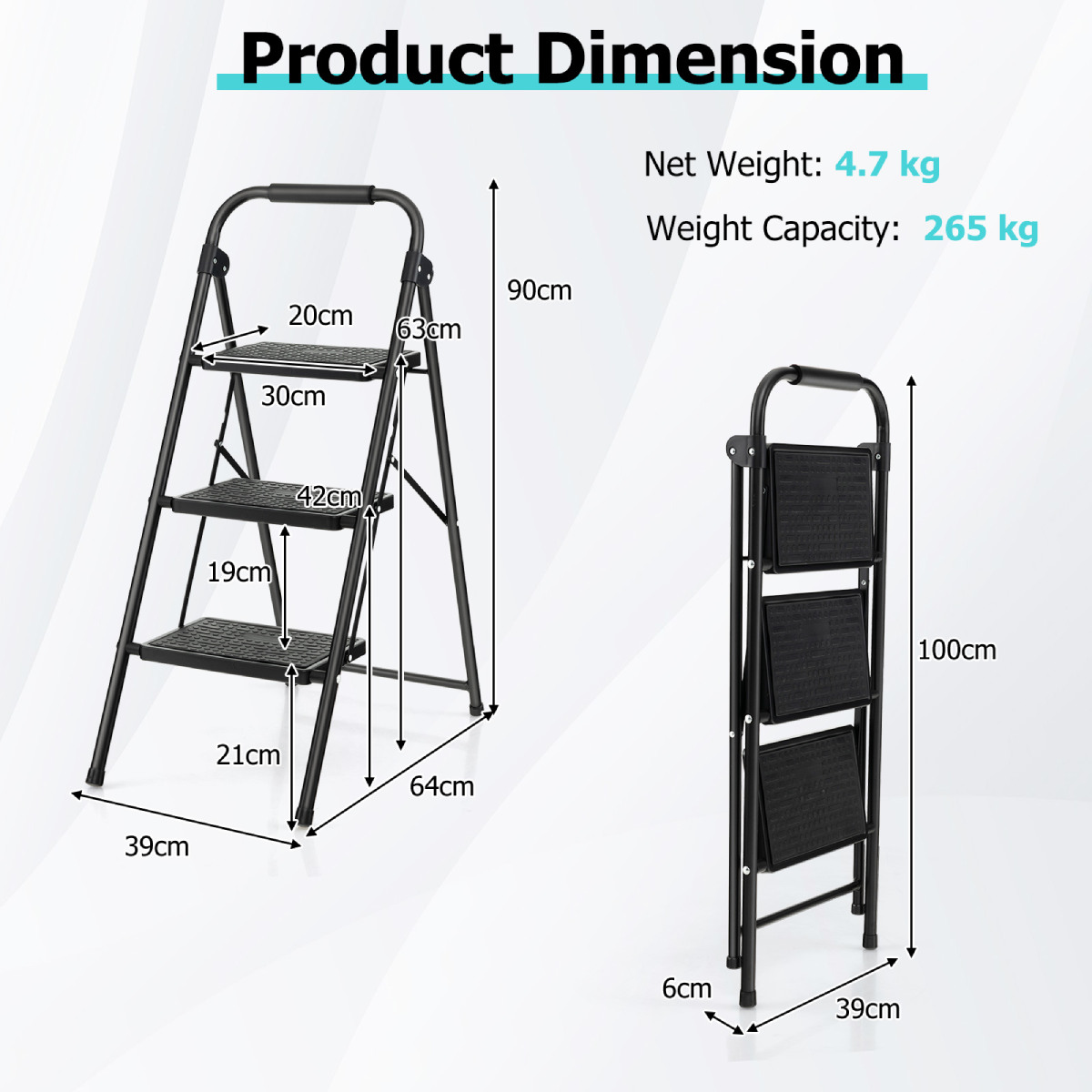 COSTWAY 3 Step Ladder, Folding Anti Slip Stepladder With Extra Wide
