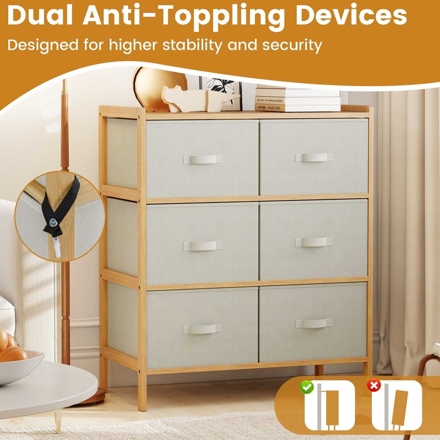 Buy Costway 3-Tier Storage Cabinet w/2 Fabric Drawers Bamboo Frame ...