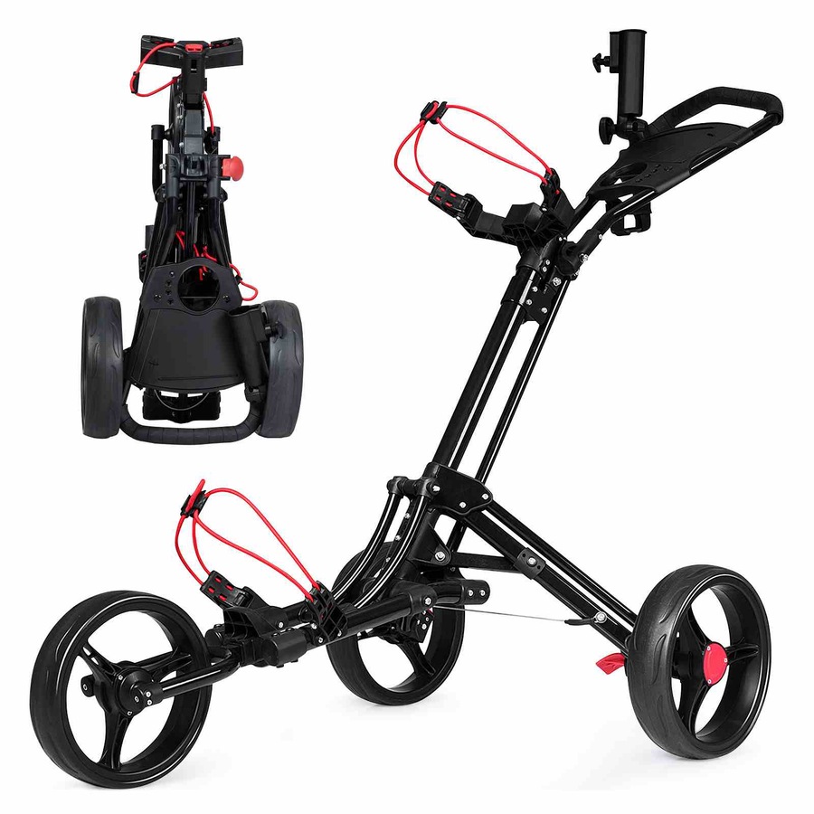Costway 3-wheels Folding Golf Buggy Aluminum Golf Pull Cart Lightweight Trolley Black