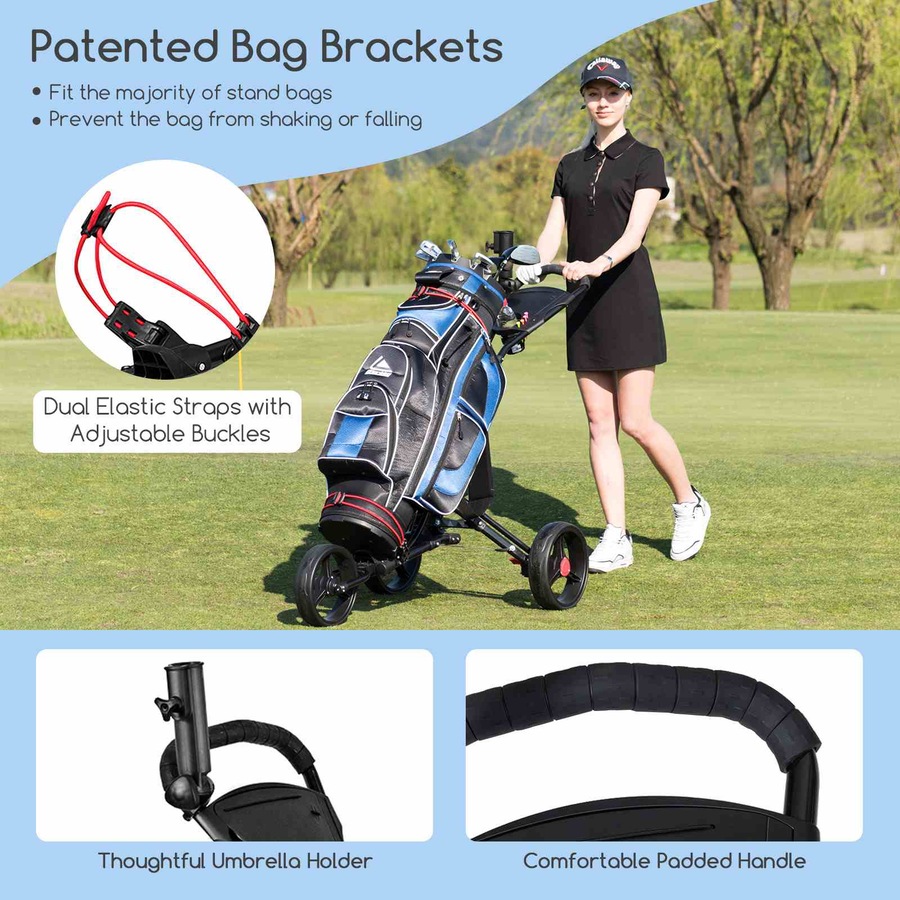 Costway 3-wheels Folding Golf Buggy Aluminum Golf Pull Cart Lightweight Trolley Black