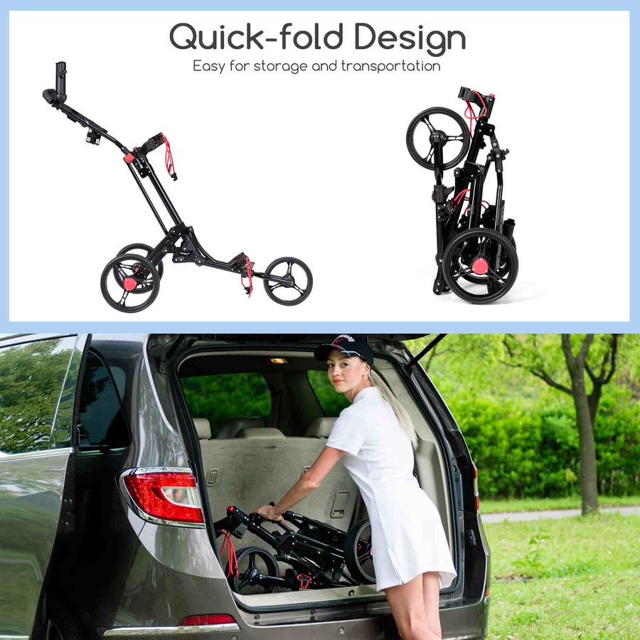 Costway 3-wheels Folding Golf Buggy Aluminum Golf Pull Cart Lightweight Trolley Black