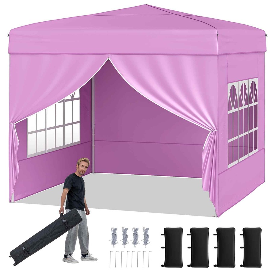 Costway 3 X 3 m Pop up Canopy Tent Portable Outdoor Sunshade Shelter Patio Gazebo w/4 Sidewalls Carrying Bag Pink