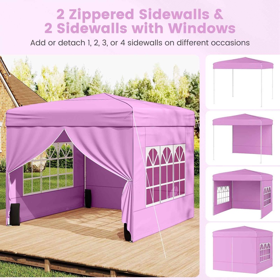 Costway 3 X 3 m Pop up Canopy Tent Portable Outdoor Sunshade Shelter Patio Gazebo w/4 Sidewalls Carrying Bag Pink