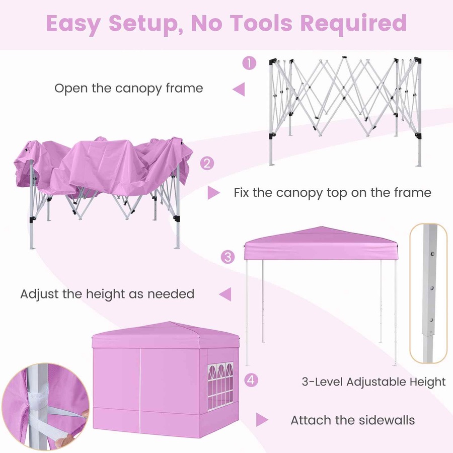 Costway 3 X 3 m Pop up Canopy Tent Portable Outdoor Sunshade Shelter Patio Gazebo w/4 Sidewalls Carrying Bag Pink