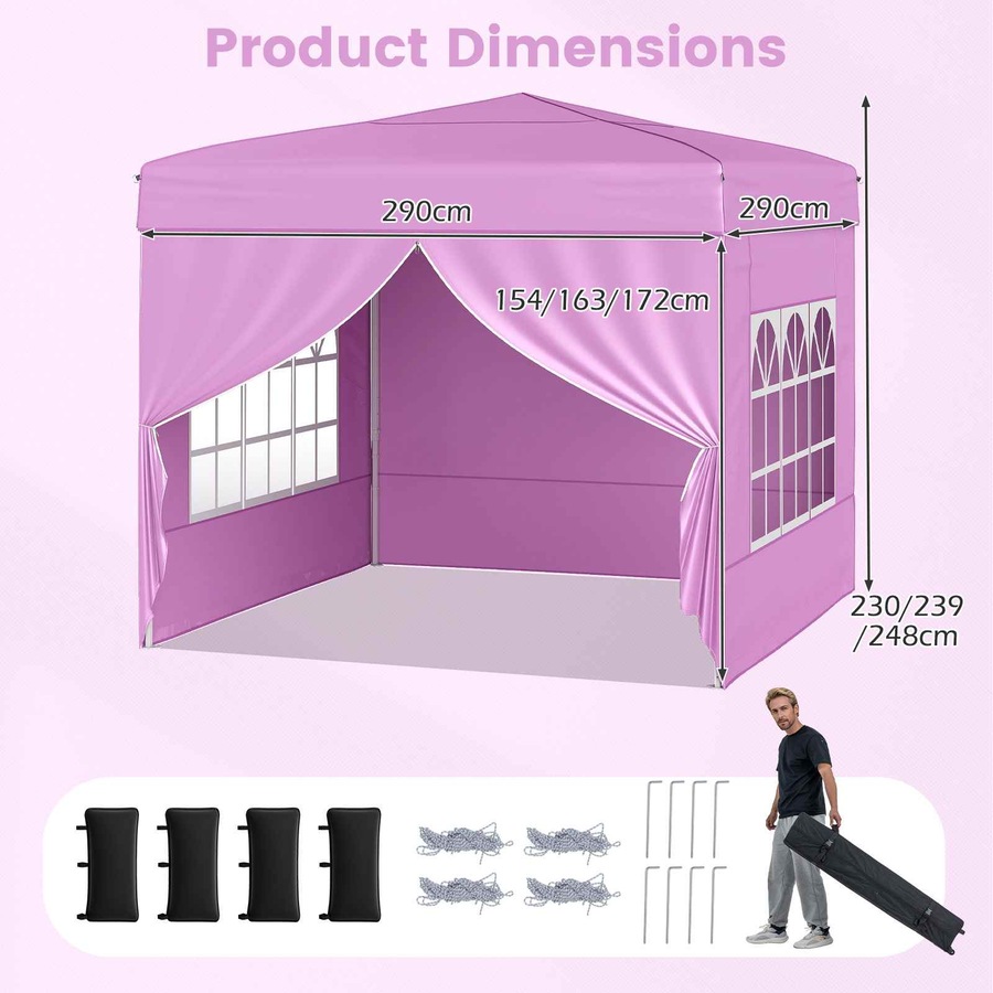 Costway 3 X 3 m Pop up Canopy Tent Portable Outdoor Sunshade Shelter Patio Gazebo w/4 Sidewalls Carrying Bag Pink