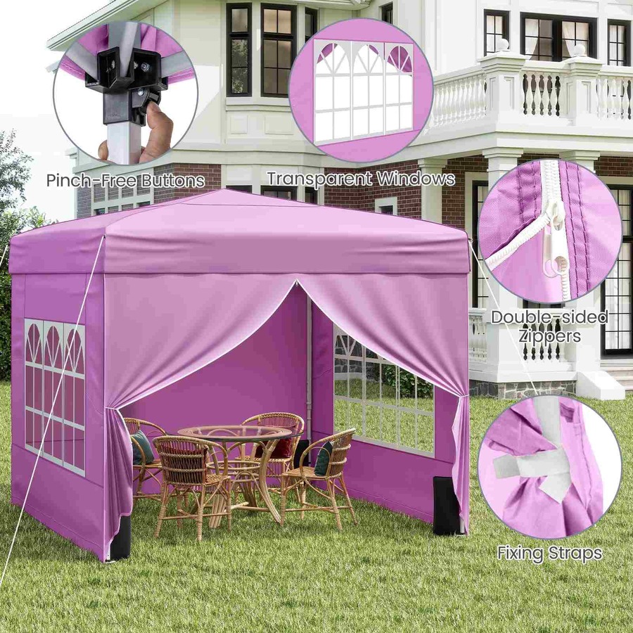Costway 3 X 3 m Pop up Canopy Tent Portable Outdoor Sunshade Shelter Patio Gazebo w/4 Sidewalls Carrying Bag Pink
