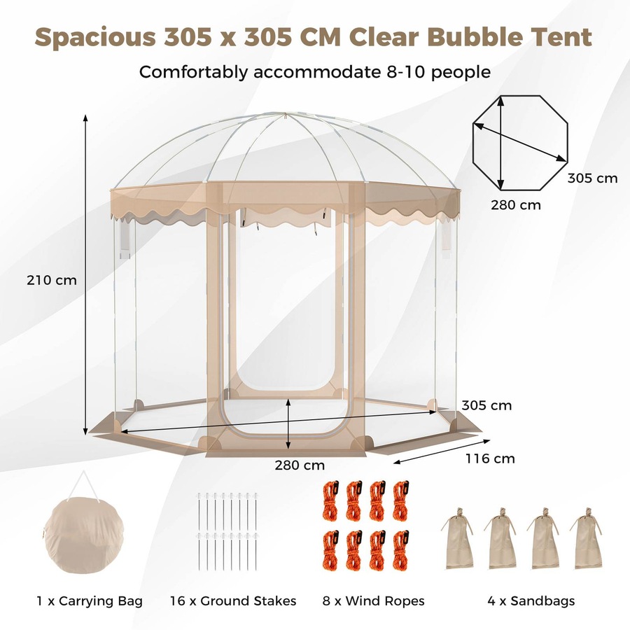 Costway 305x305CM Pop Up Bubble Tent All-Weather Waterproof Pod Instant Igloo Dome 540°Clear Sports View Shelter PVC
