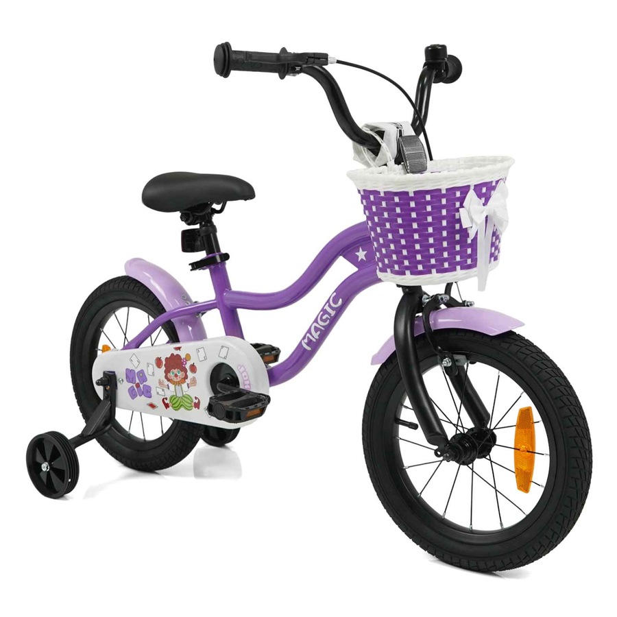Costway 35cm Kid Bicycle Dual Brake Balance Bike Ride on w/Training Wheels Adjustable Seat & Handlebar Basket Purple