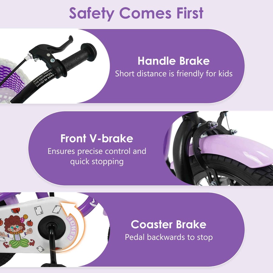 Costway 35cm Kid Bicycle Dual Brake Balance Bike Ride on w/Training Wheels Adjustable Seat & Handlebar Basket Purple