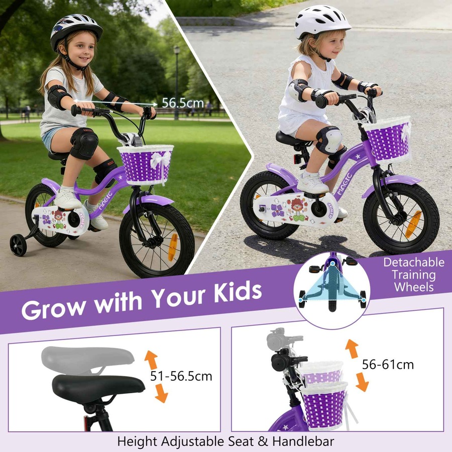 Costway 35cm Kid Bicycle Dual Brake Balance Bike Ride on w/Training Wheels Adjustable Seat & Handlebar Basket Purple