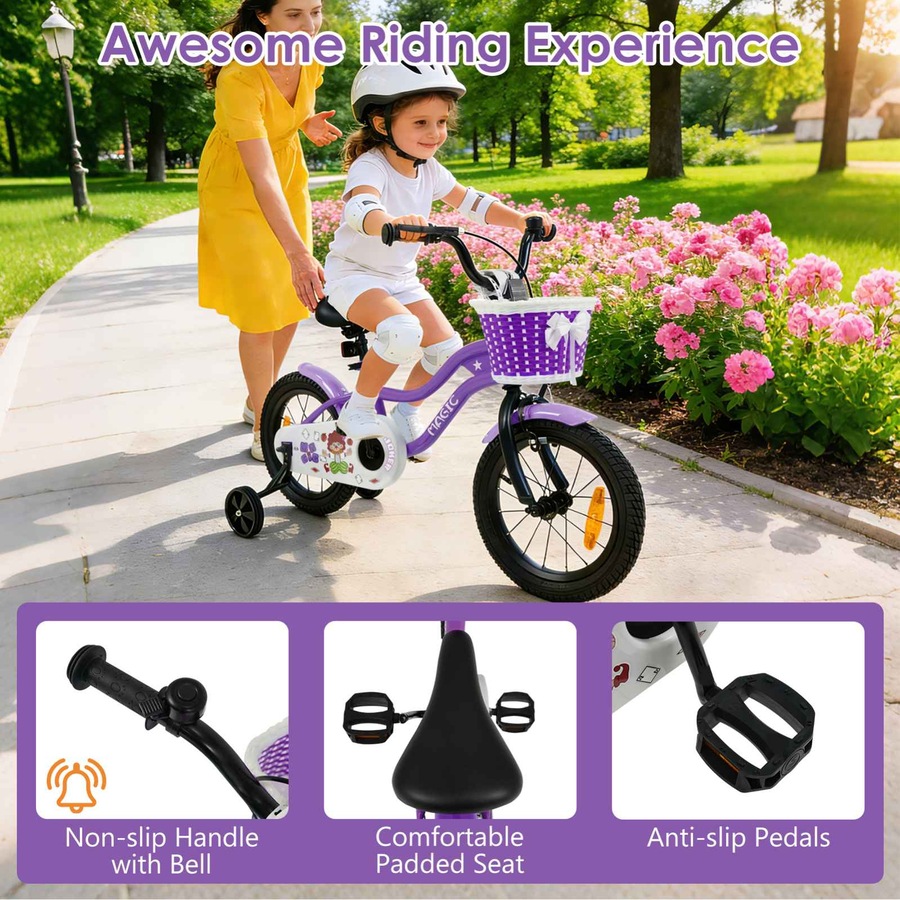 Costway 35cm Kid Bicycle Dual Brake Balance Bike Ride on w/Training Wheels Adjustable Seat & Handlebar Basket Purple