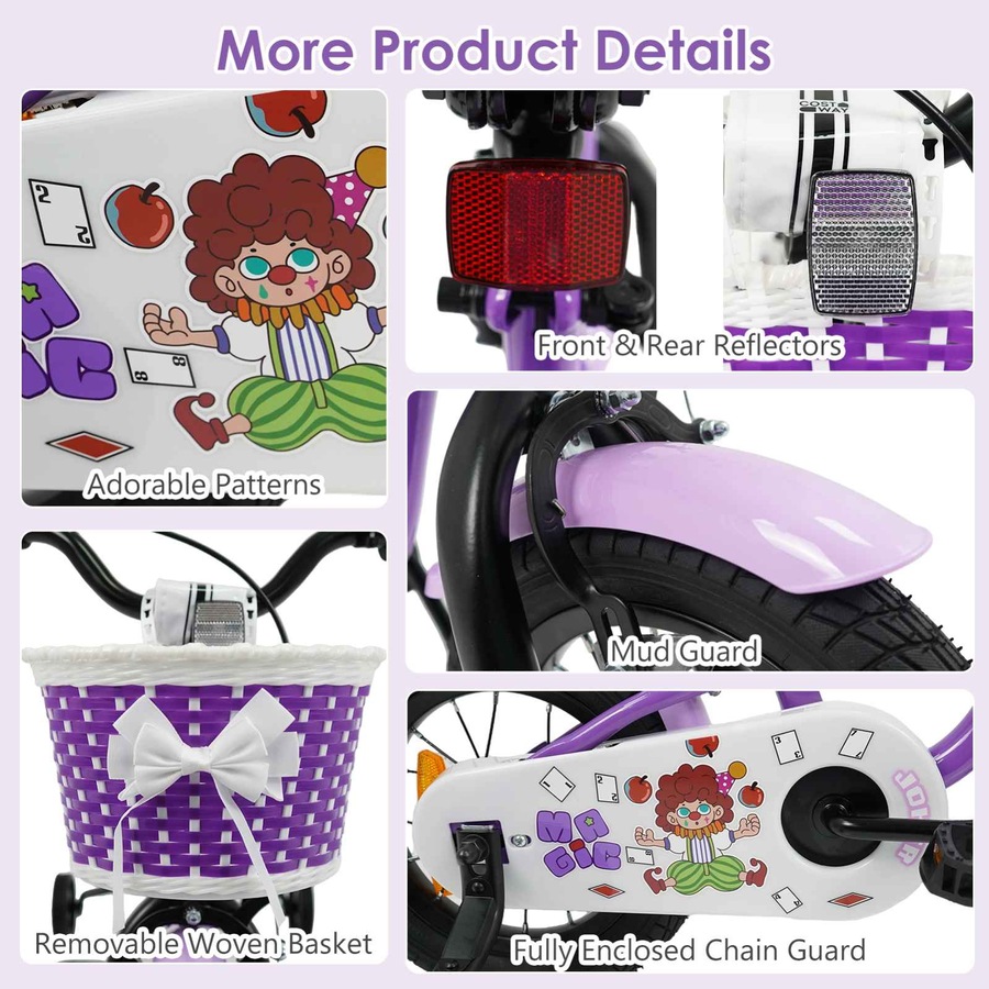 Costway 35cm Kid Bicycle Dual Brake Balance Bike Ride on w/Training Wheels Adjustable Seat & Handlebar Basket Purple