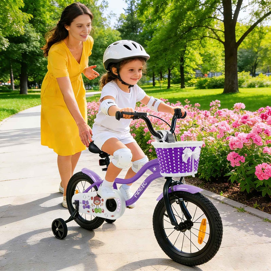 Costway 35cm Kid Bicycle Dual Brake Balance Bike Ride on w/Training Wheels Adjustable Seat & Handlebar Basket Purple