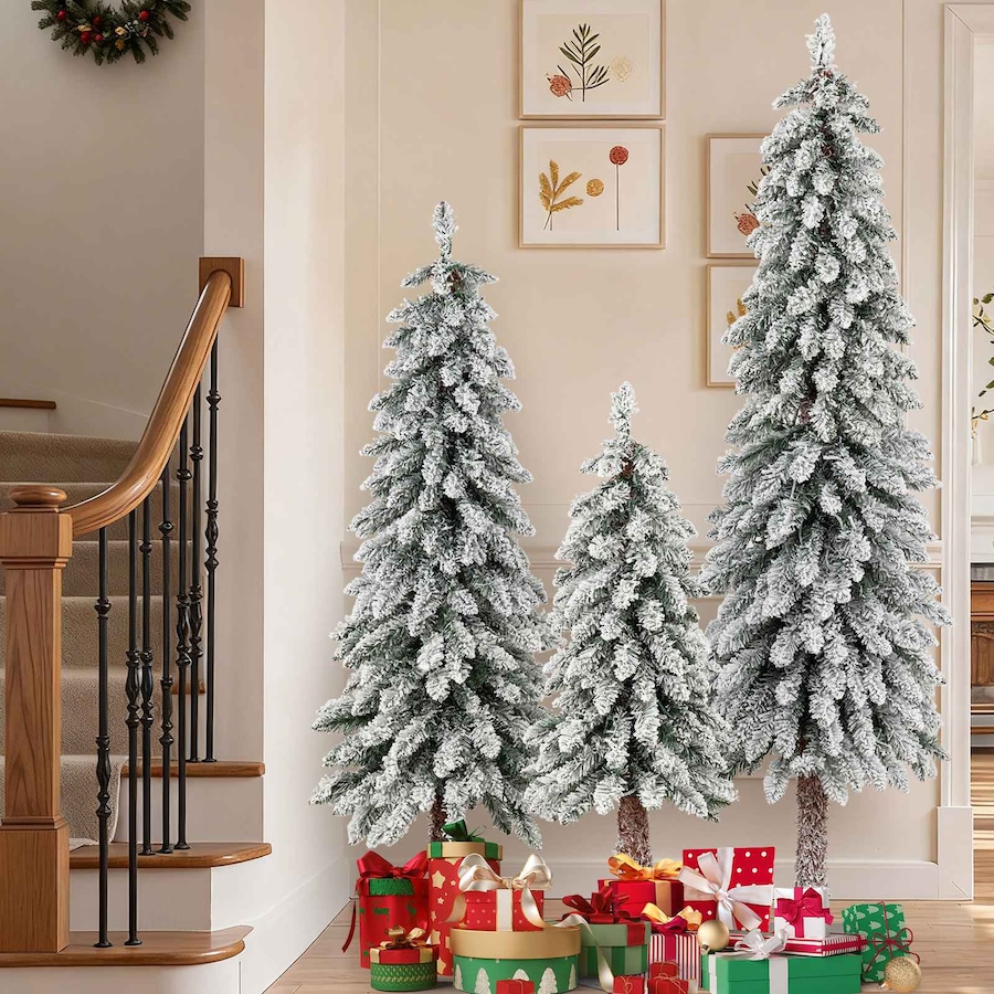 Costway 3Pc Snowy Christmas Tree Set LED Pre-lit Xmas Trees w/Snow Flocked Branch Tips Independent Lighting System