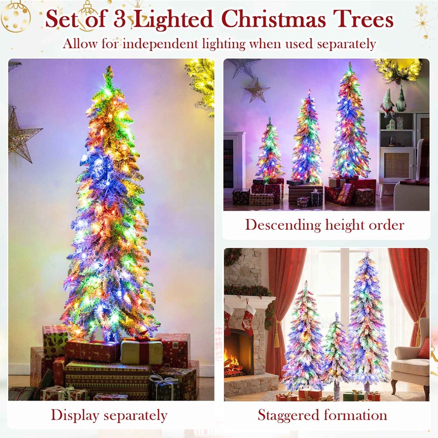 Costway 3Pc Snowy Christmas Tree Set LED Pre-lit Xmas Trees w/Snow Flocked Branch Tips Independent Lighting System