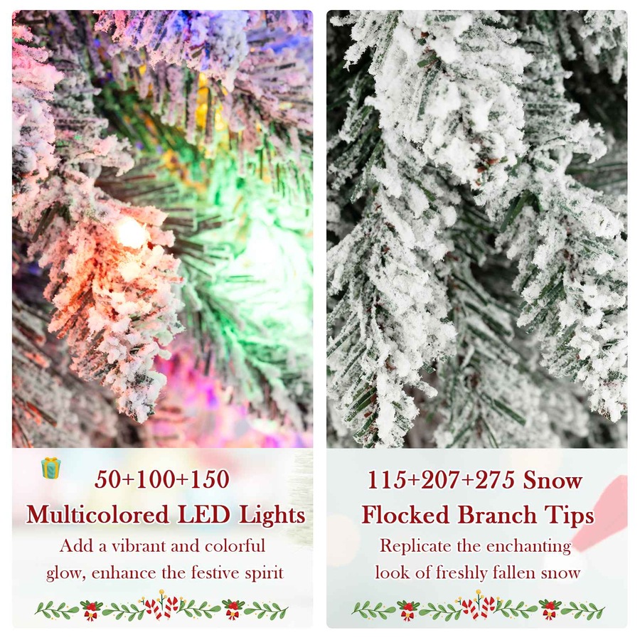 Costway 3Pc Snowy Christmas Tree Set LED Pre-lit Xmas Trees w/Snow Flocked Branch Tips Independent Lighting System