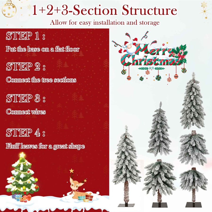 Costway 3Pc Snowy Christmas Tree Set LED Pre-lit Xmas Trees w/Snow Flocked Branch Tips Independent Lighting System