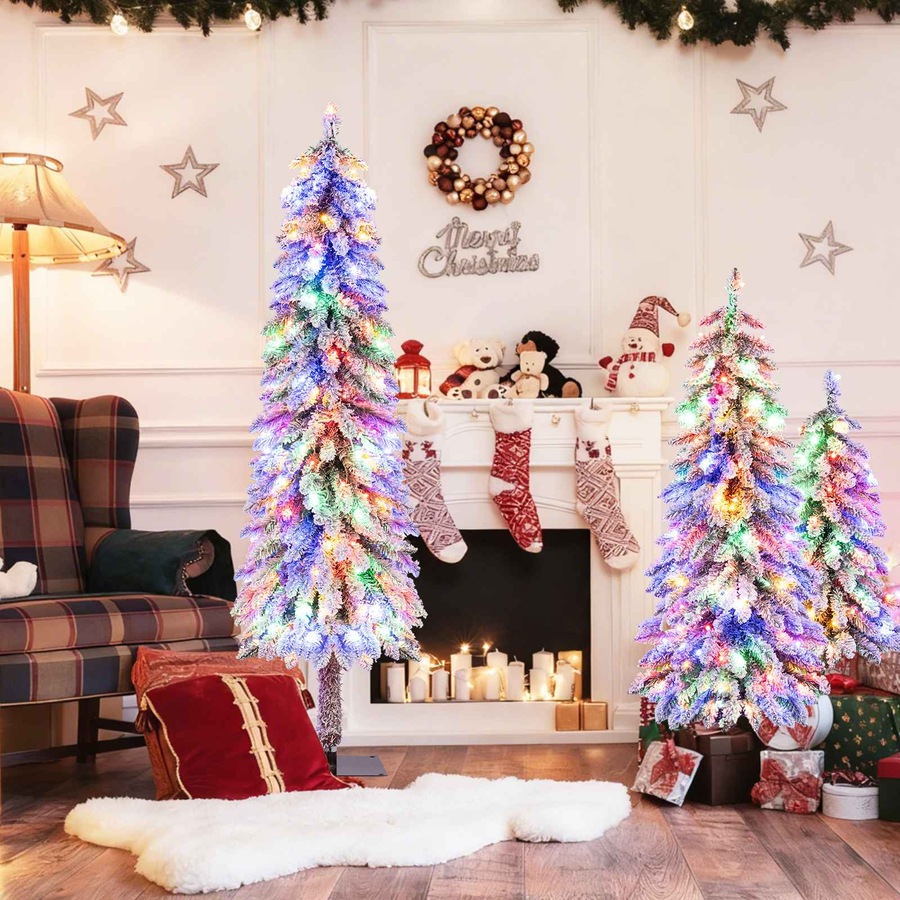 Costway 3Pc Snowy Christmas Tree Set LED Pre-lit Xmas Trees w/Snow Flocked Branch Tips Independent Lighting System