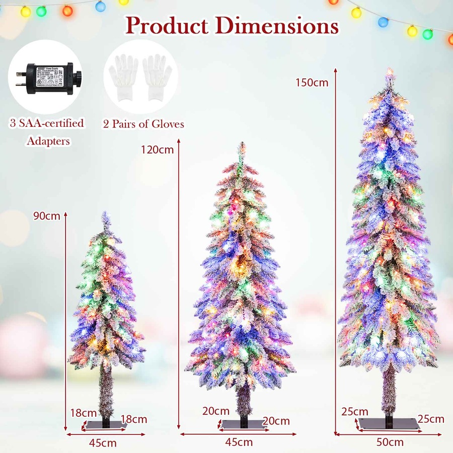 Costway 3Pc Snowy Christmas Tree Set LED Pre-lit Xmas Trees w/Snow Flocked Branch Tips Independent Lighting System