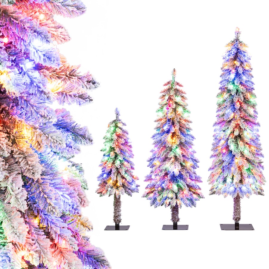 Costway 3Pc Snowy Christmas Tree Set LED Pre-lit Xmas Trees w/Snow Flocked Branch Tips Independent Lighting System