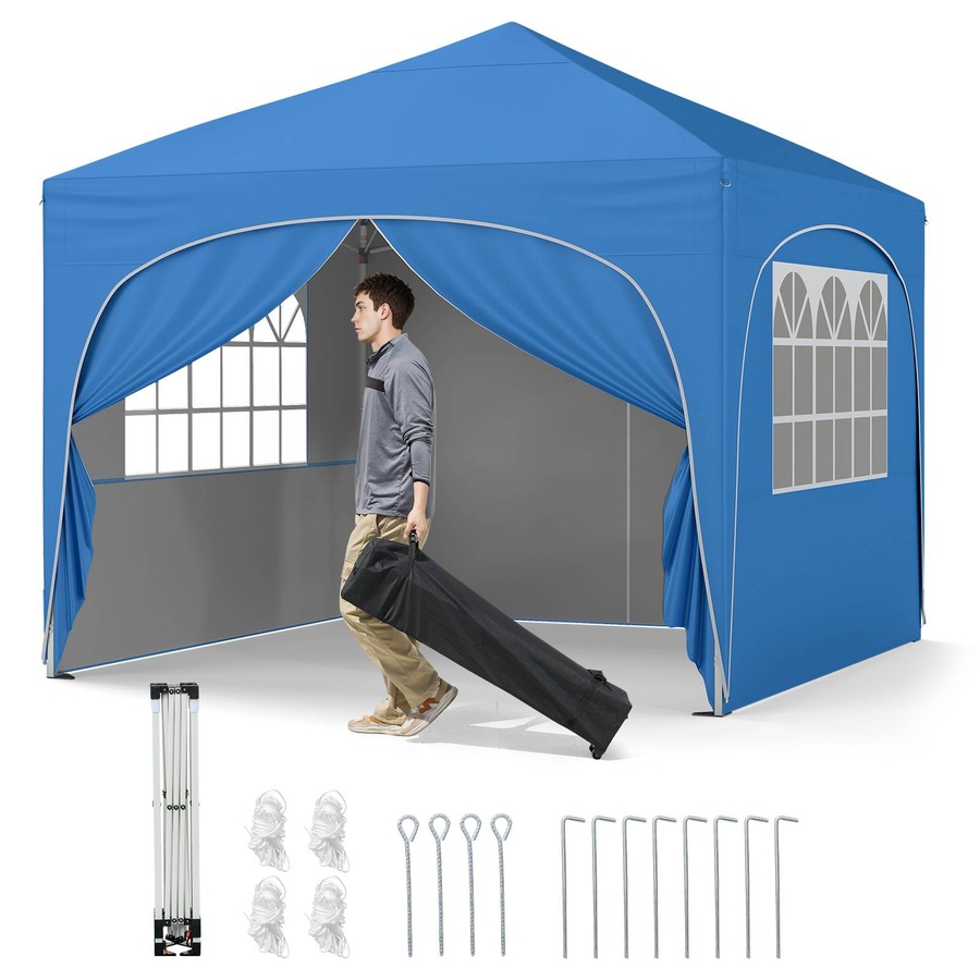 Costway 3x3 m Pop up Canopy Tent w/4 Removable Sidewall Portable Foldable Sun Shelter Gazebo Blue