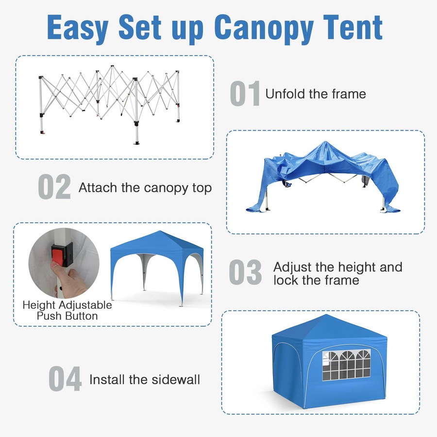 Costway 3x3 m Pop up Canopy Tent w/4 Removable Sidewall Portable Foldable Sun Shelter Gazebo Blue
