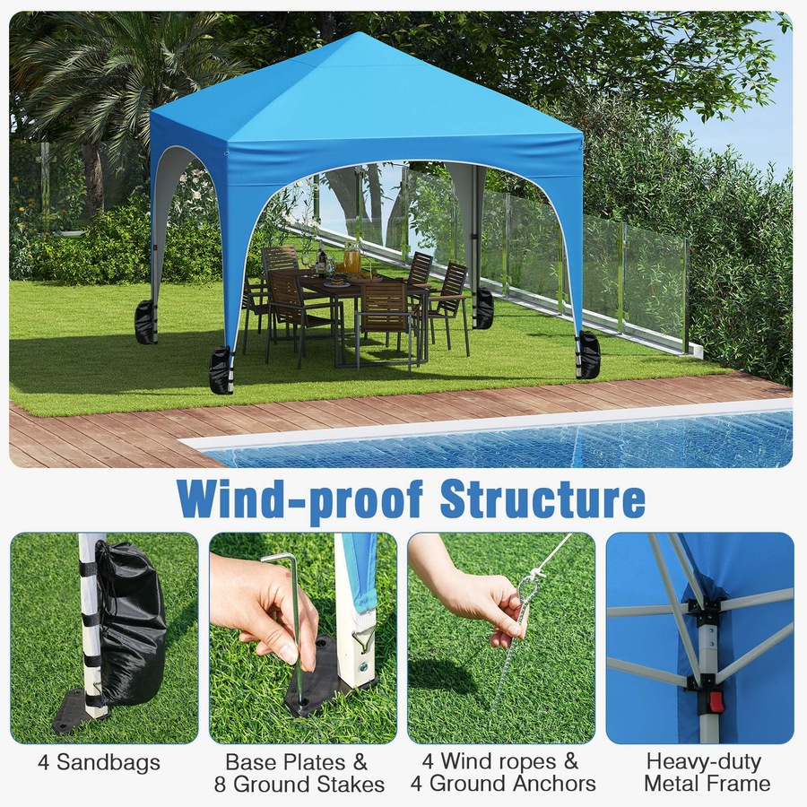Costway 3x3 m Pop up Canopy Tent w/4 Removable Sidewall Portable Foldable Sun Shelter Gazebo Blue