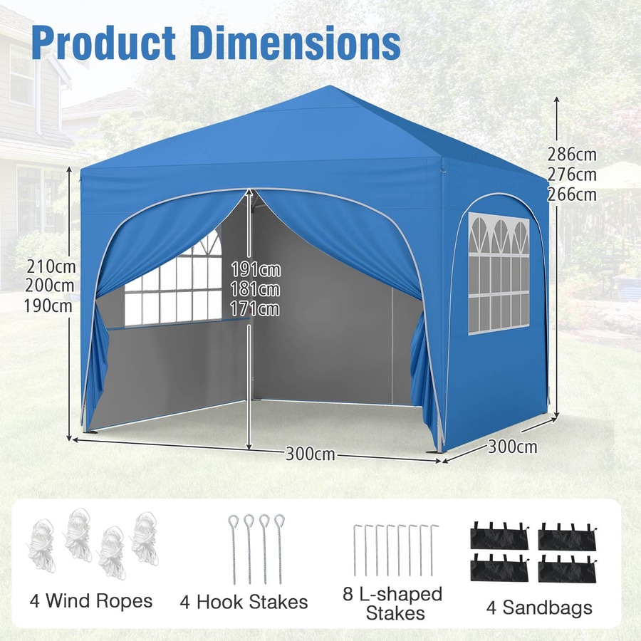 Costway 3x3 m Pop up Canopy Tent w/4 Removable Sidewall Portable Foldable Sun Shelter Gazebo Blue