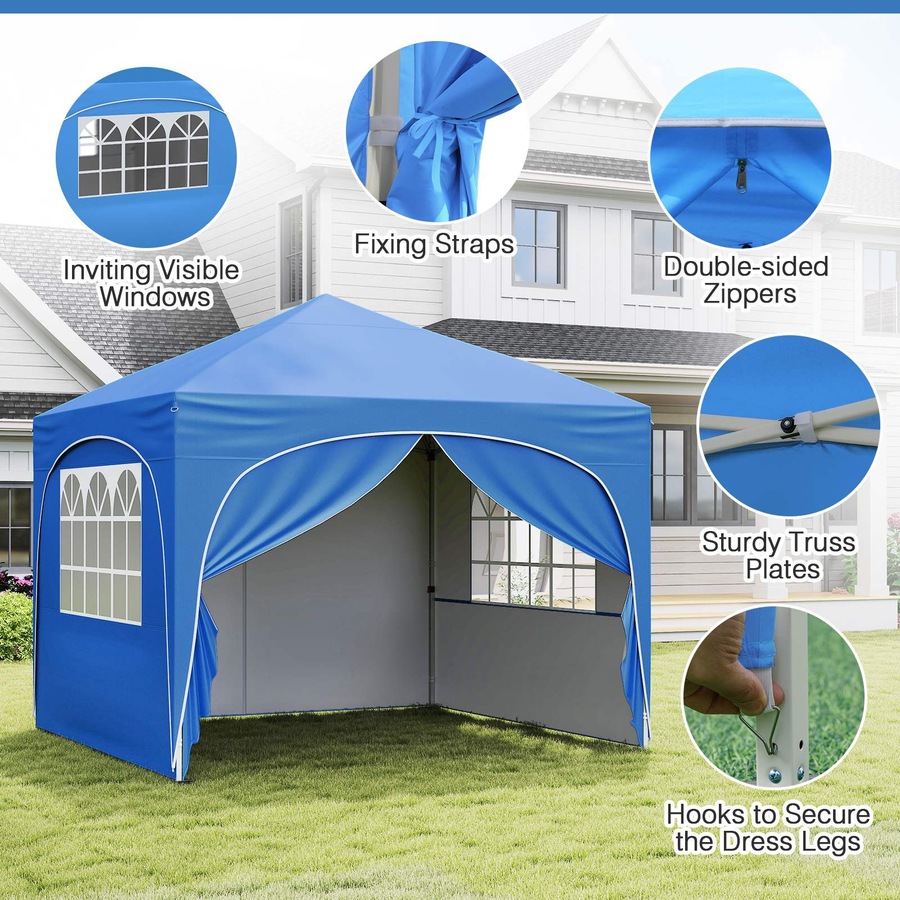 Costway 3x3 m Pop up Canopy Tent w/4 Removable Sidewall Portable Foldable Sun Shelter Gazebo Blue