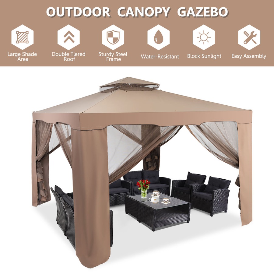 Costway 3X3M Outdoor Canopy Gazebo Folding Patio Canopy Tent House Party Gazebo w/Mosquito Netting Backyard Garden Coffee