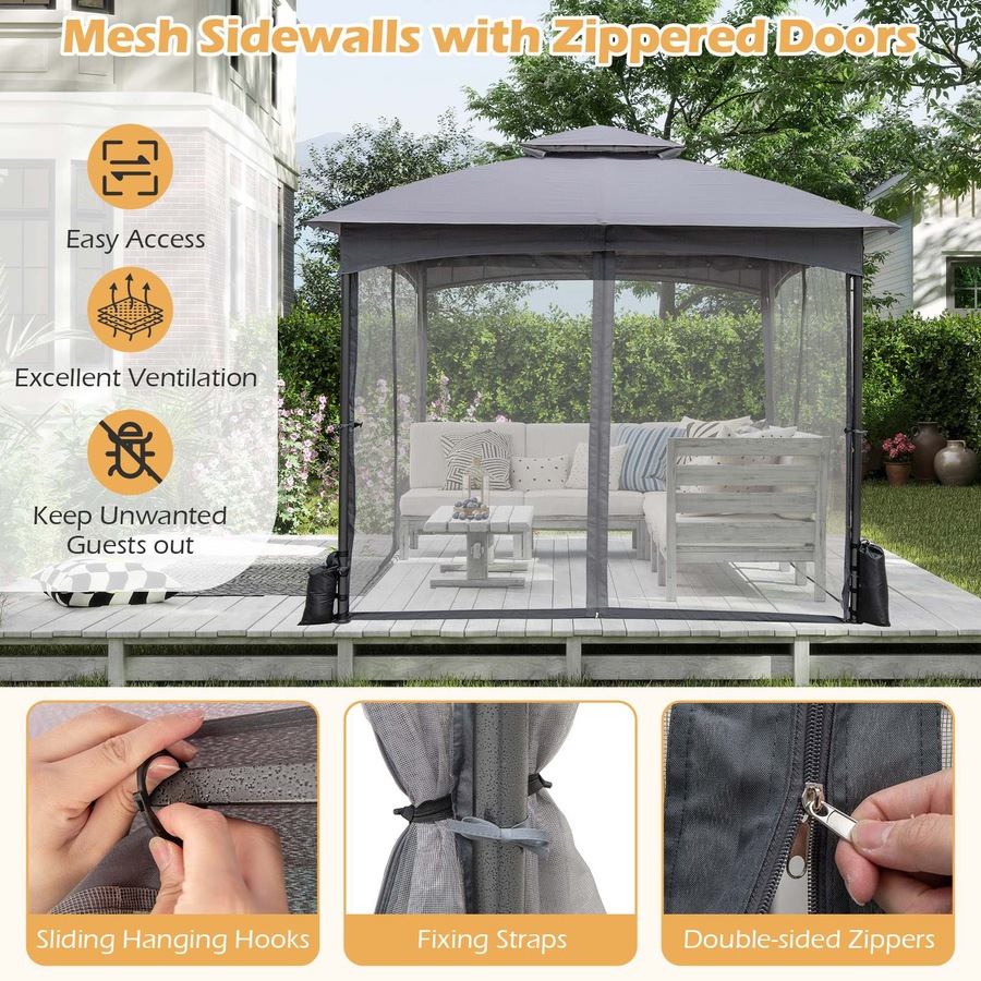 Costway 3X3M Patio Gazebo Shelter Soft Top Outdoor Double Roof Marquee Canopy Commercial Tent w/Netting Walls Grey