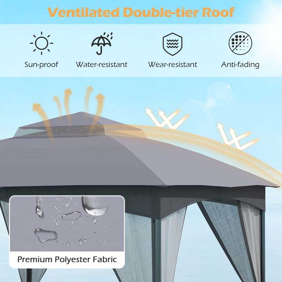 Costway 3X3M Patio Gazebo Shelter Soft Top Outdoor Double Roof Marquee Canopy Commercial Tent w/Netting Walls Grey