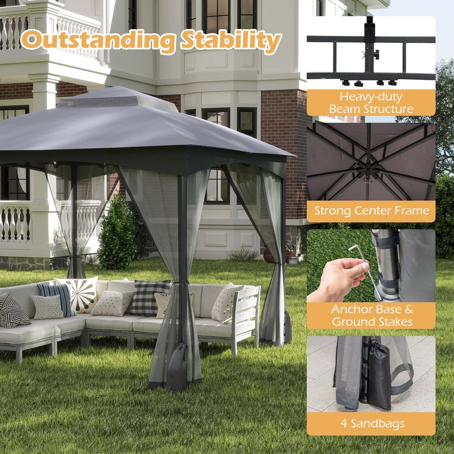 Costway 3X3M Patio Gazebo Shelter Soft Top Outdoor Double Roof Marquee Canopy Commercial Tent w/Netting Walls Grey