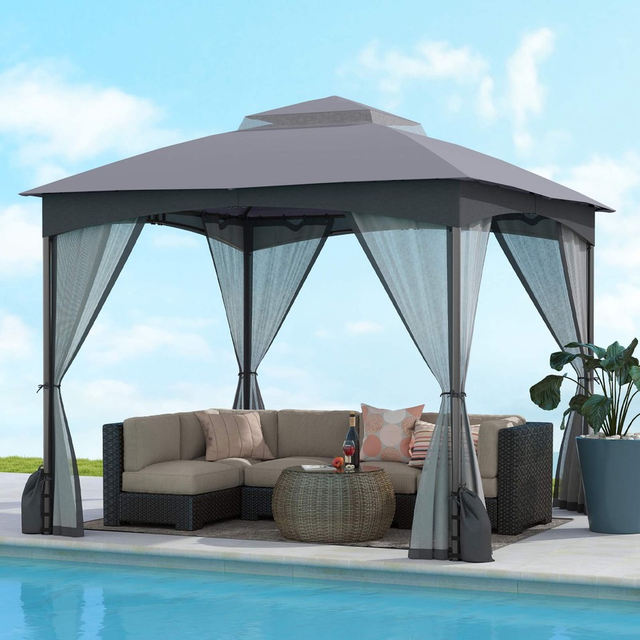 Costway 3X3M Patio Gazebo Shelter Soft Top Outdoor Double Roof Marquee Canopy Commercial Tent w/Netting Walls Grey