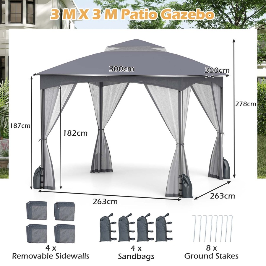 Costway 3X3M Patio Gazebo Shelter Soft Top Outdoor Double Roof Marquee Canopy Commercial Tent w/Netting Walls Grey