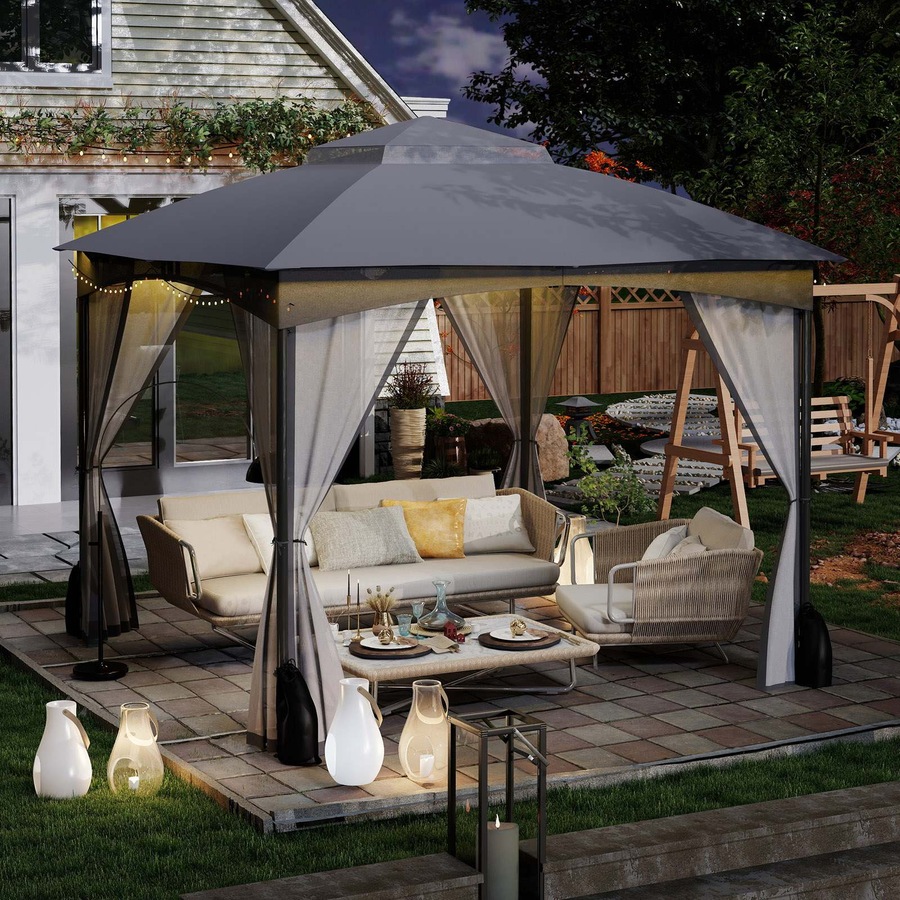 Costway 3X3M Patio Gazebo Shelter Soft Top Outdoor Double Roof Marquee Canopy Commercial Tent w/Netting Walls Grey