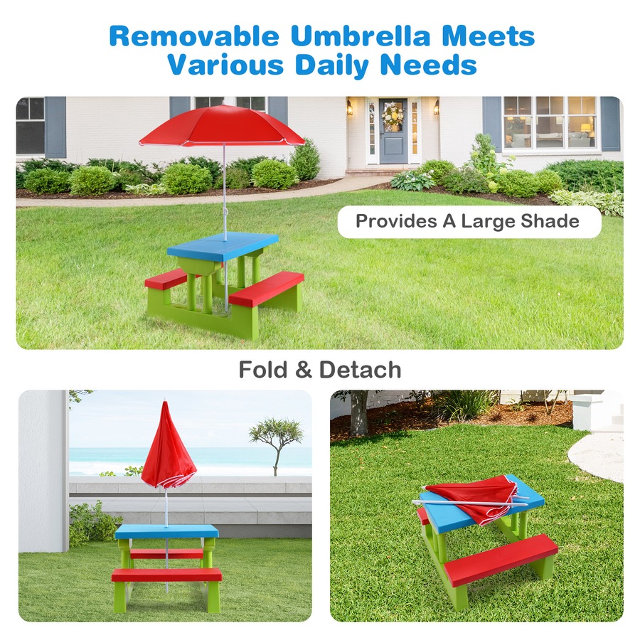 Costway Picnic Table Set Outdoor Party Bench w/Removable Umbrella Activity Play Table Indoor