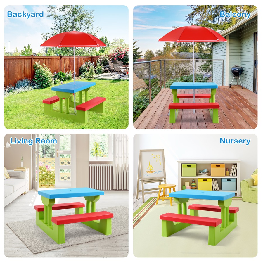 Costway Picnic Table Set Outdoor Party Bench w/Removable Umbrella Activity Play Table Indoor