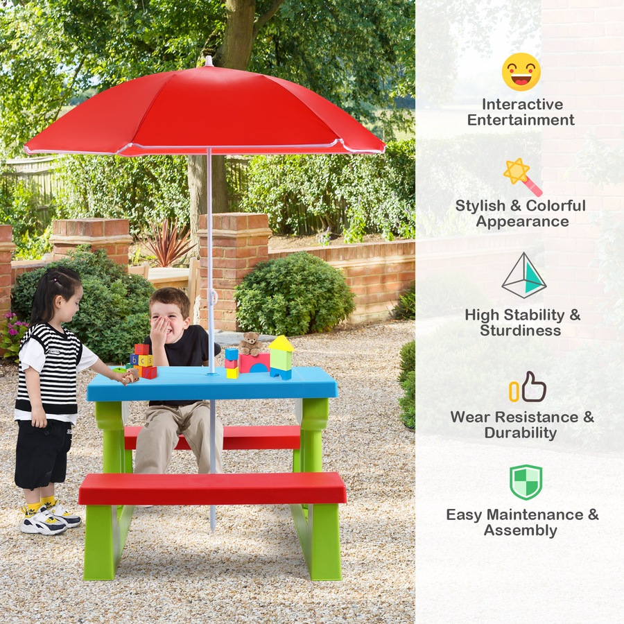 Costway Picnic Table Set Outdoor Party Bench w/Removable Umbrella Activity Play Table Indoor