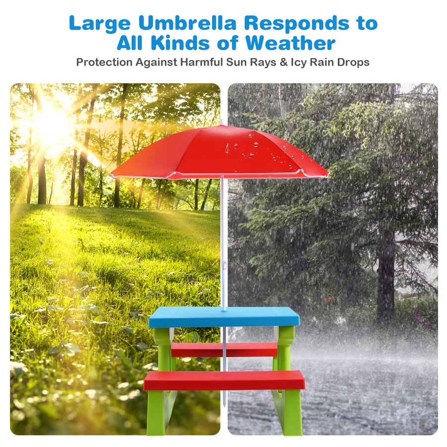 Costway Picnic Table Set Outdoor Party Bench w/Removable Umbrella Activity Play Table Indoor