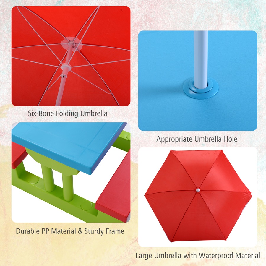 Costway Picnic Table Set Outdoor Party Bench w/Removable Umbrella Activity Play Table Indoor