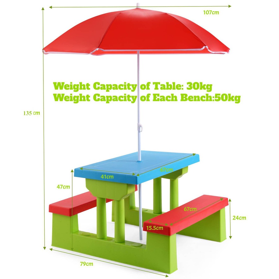 Costway Picnic Table Set Outdoor Party Bench w/Removable Umbrella Activity Play Table Indoor