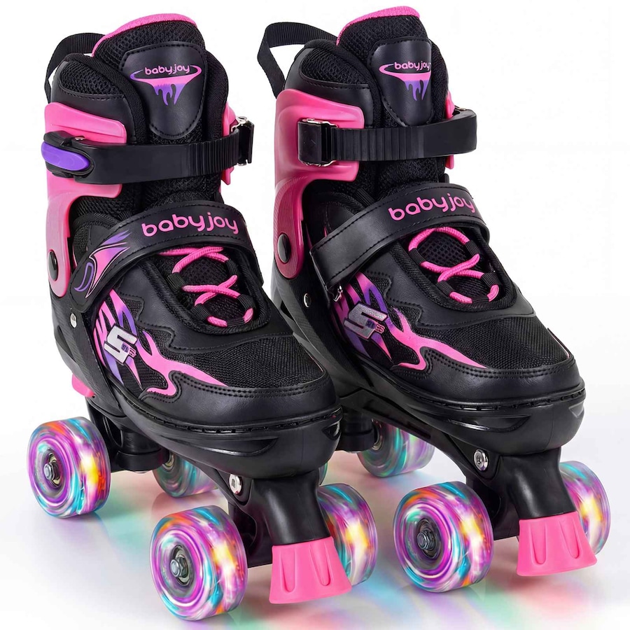 Costway 4-Size Adjustable Roller Skates Fun Quad Skating Shoes Roller Blades Light-up Wheels Beginner Age 9-14 Pink