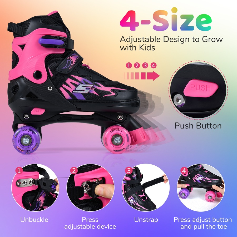 Costway 4-Size Adjustable Roller Skates Fun Quad Skating Shoes Roller Blades Light-up Wheels Beginner Age 9-14 Pink