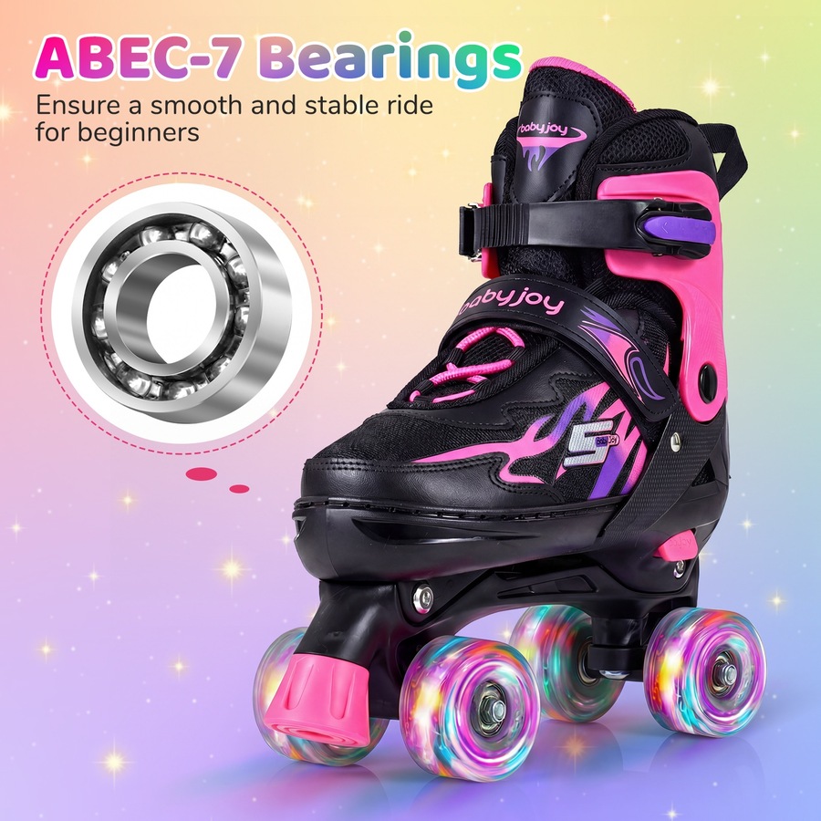 Costway 4-Size Adjustable Roller Skates Fun Quad Skating Shoes Roller Blades Light-up Wheels Beginner Age 9-14 Pink