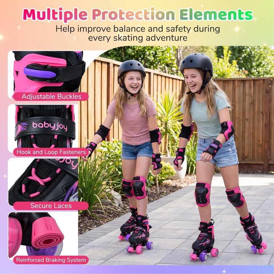 Costway 4-Size Adjustable Roller Skates Fun Quad Skating Shoes Roller Blades Light-up Wheels Beginner Age 9-14 Pink