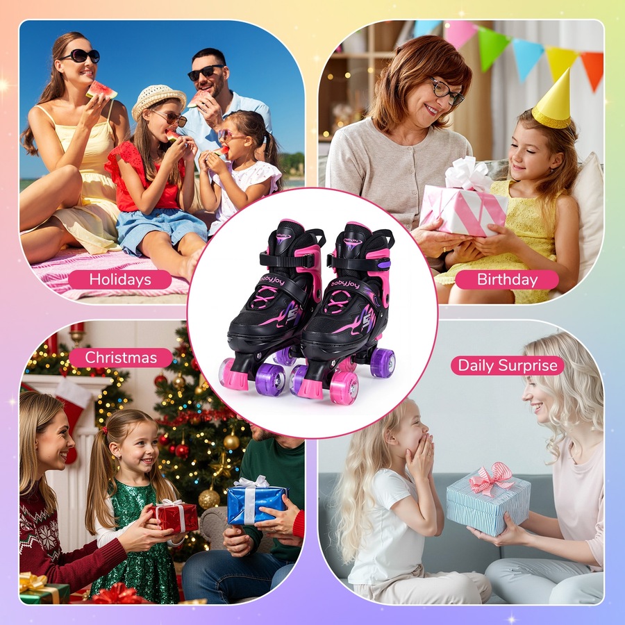 Costway 4-Size Adjustable Roller Skates Fun Quad Skating Shoes Roller Blades Light-up Wheels Beginner Age 9-14 Pink