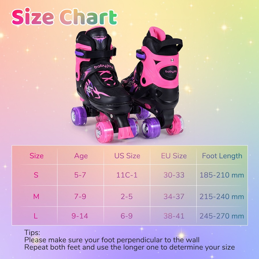 Costway 4-Size Adjustable Roller Skates Fun Quad Skating Shoes Roller Blades Light-up Wheels Beginner Age 9-14 Pink