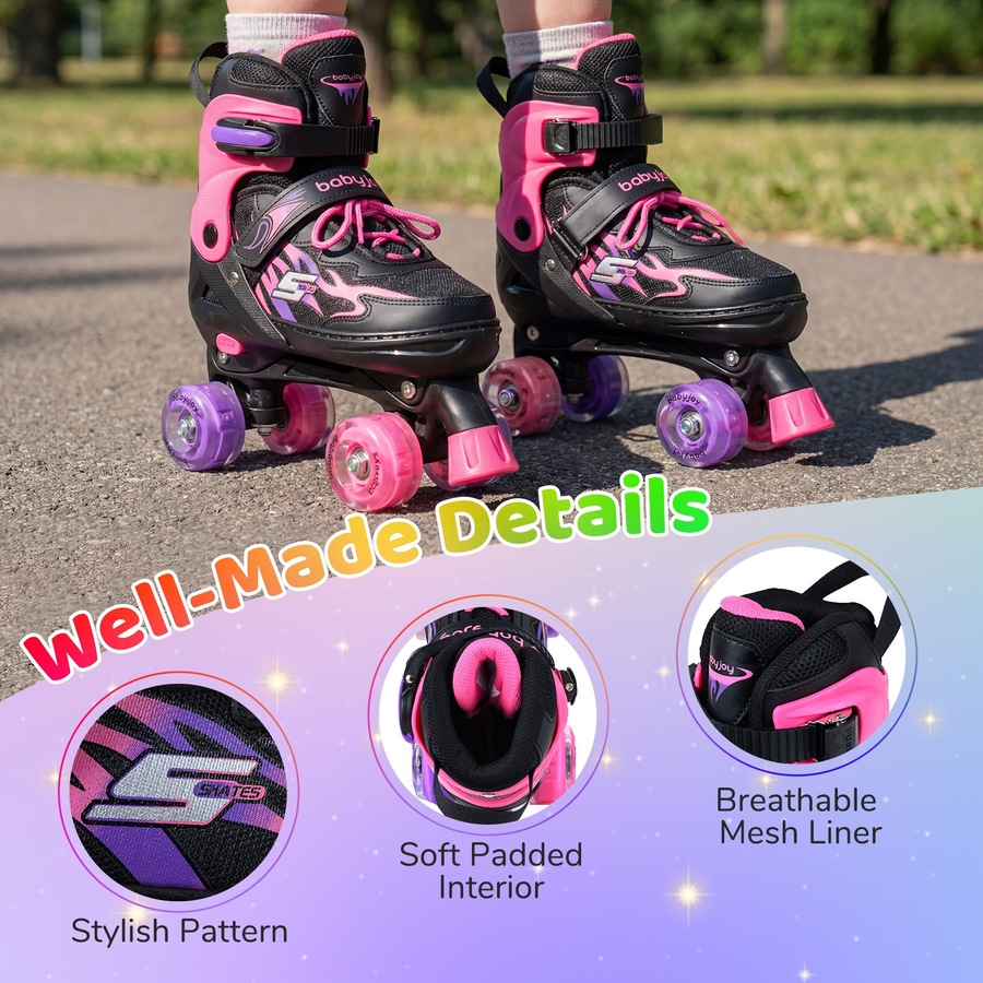 Costway 4-Size Adjustable Roller Skates Fun Quad Skating Shoes Roller Blades Light-up Wheels Beginner Age 9-14 Pink