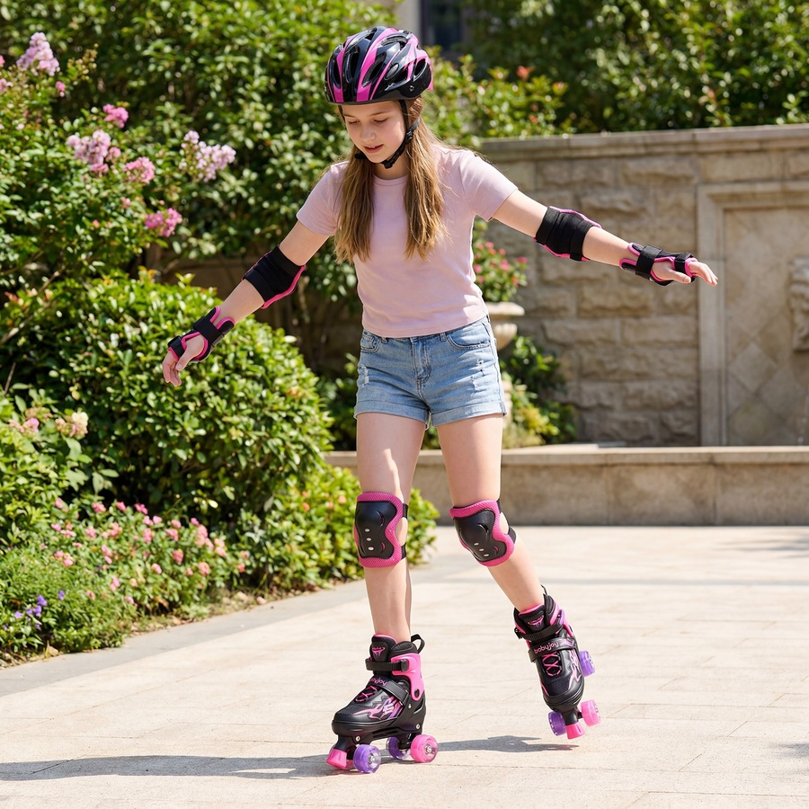 Costway 4-Size Adjustable Roller Skates Fun Quad Skating Shoes Roller Blades Light-up Wheels Beginner Age 9-14 Pink